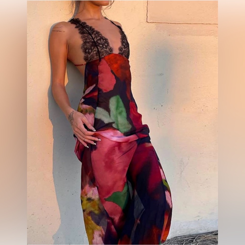 XPONNI Y2K Backless Sheer Lace Maxi Dress